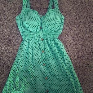 Blue dress with black polka dots